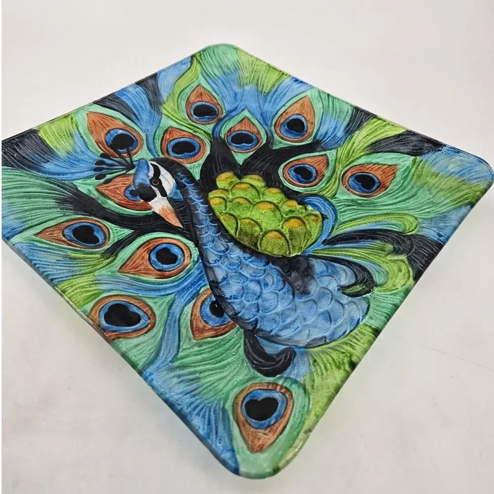 Hand Painted Peacock Plate Square Glass Beautiful Display Piece 12